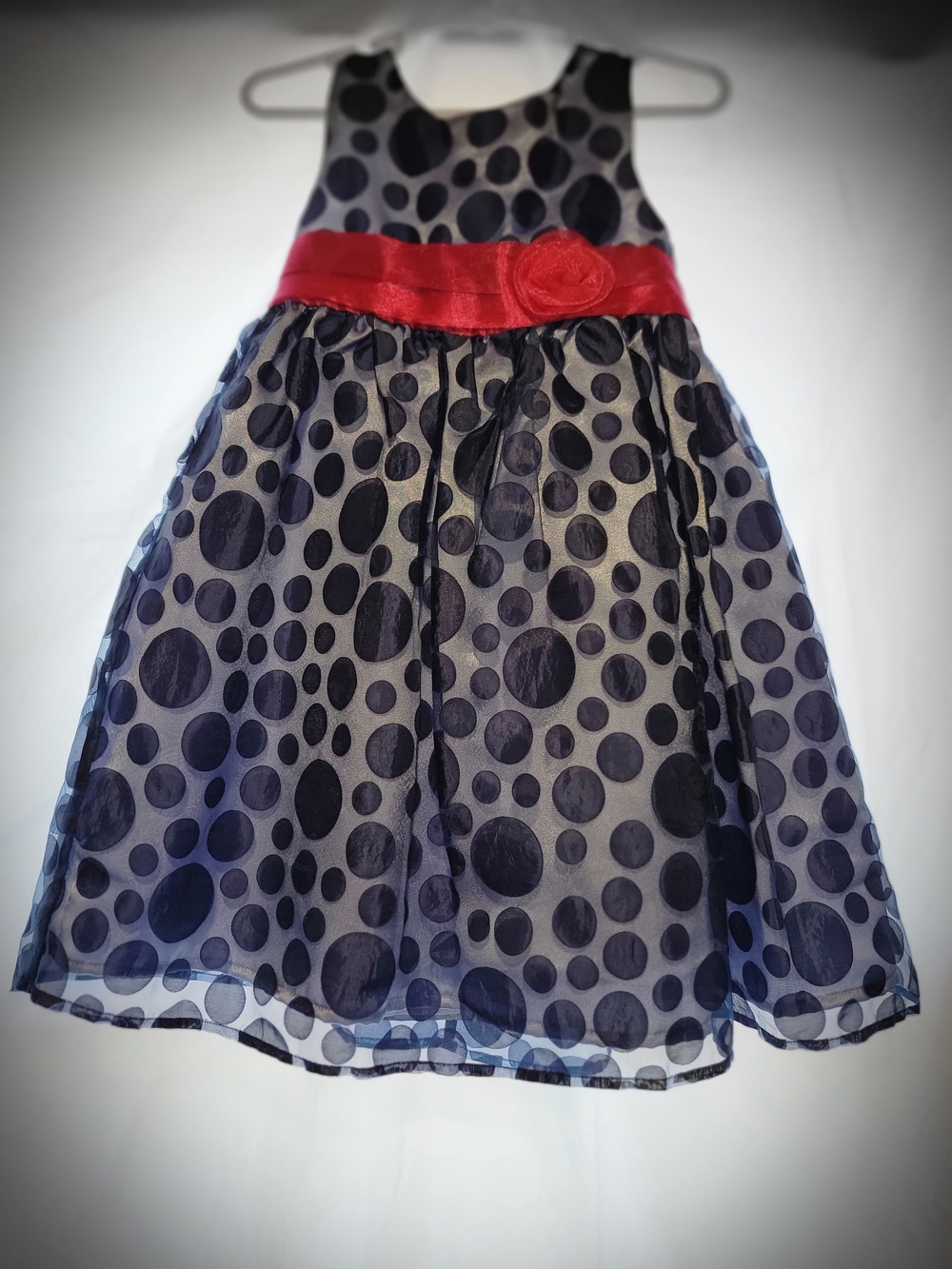 Navy Polka Dot Tulle Dress with Hot Pink Sash